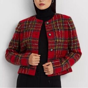RALPH LAUREN Wool Alpaca Red Plaid Collarless Cropped Jacket Blazer